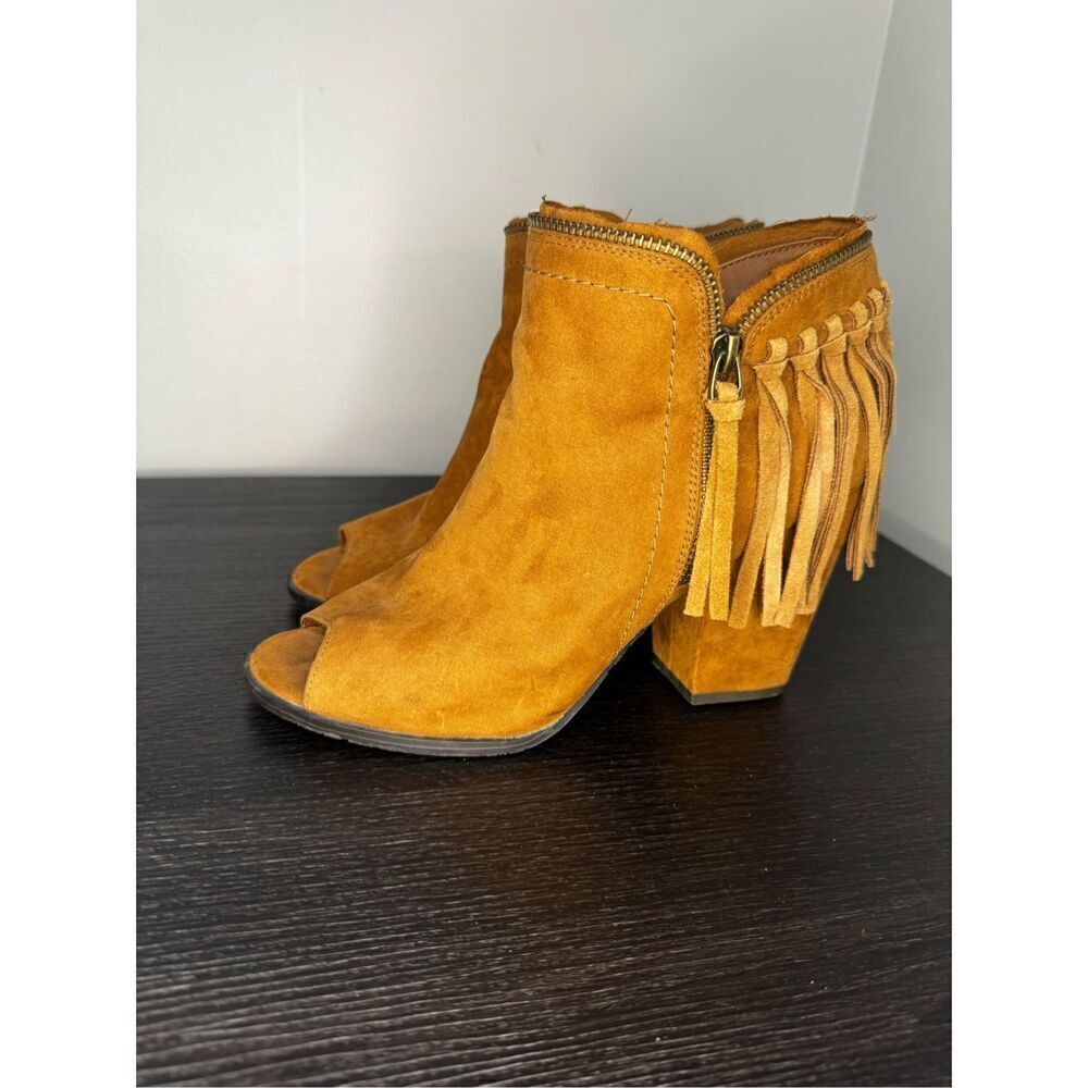 Dolce Vita Promise Fringe Ankle Heel Booties Shoes Sz 9 Cognac Brown Suede - Picture 2 of 7